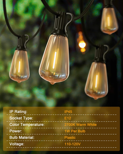 Doukedge Outdoor String Lights Waterproof, 25 Feet Patio Lights with 13 ST38 Edison Bulbs(1 Sqare), Hanging Lights with Plug in Cord for Porch, Blacony, Backyard, Bistro, Garden, 2700K