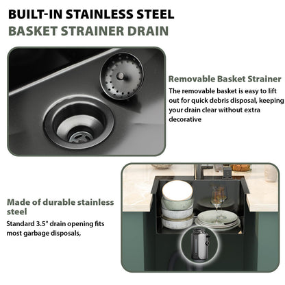Mocoloo 20 Inch Gunmetal Black Drop in Bar Sink - 20" x 16" Small Kitchen Sink T304 Stainless Steel Handmade Single Bowl Round Corner Topmount Wet Bar Sink for Kitchen Prep & RV