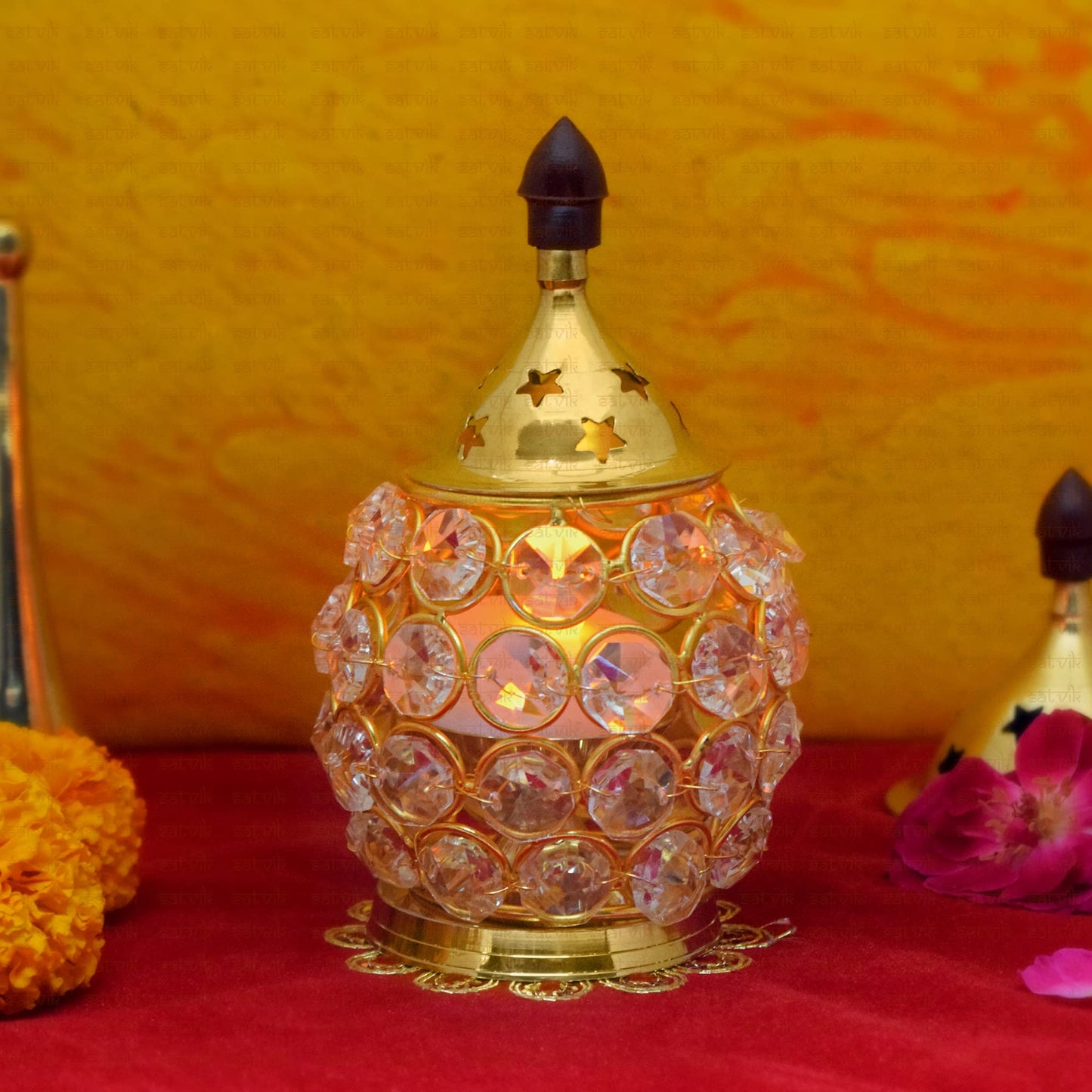 Satvik 5 Inch Akhand Chimney Diya Diwali Gift/Diwali Deepawali Decoration Brass Decorative Crystal Oil Lamp Tea Light Holder Lantern Oval Shape | Puja Lamp Indian Housewarming Gift Items