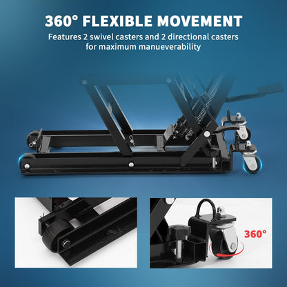 Hydraulic Motorcycle Lift Jack, 1500 LBS Heavy Duty Foot-Operated ATV Lift Stand, Portable Motorcycle & Dirt Bike Jack with 4 Wheels & Long Handle for Garage Maintenance, Black