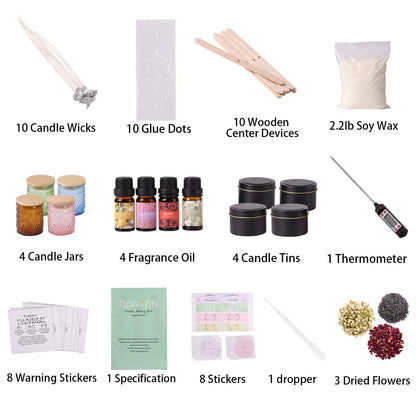DARJEN Candle Making Kits - Soy Candles Making Supplies for Adults Including 4 Candle Jars(Amber, Pink, Blue, Green), Candle Tins, Wax, Scents, Dried Flower & More, DIY Arts & Crafts Kits Home Decor