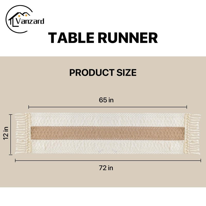 Vanzard Boho Table Runner for Spring Home Decor with Tassels 72 Inches, Farmhouse Rustic Cream & Brown Table Runners for Bohemian Kitchen Summer Dining Table(12x72in, Fringe Included)
