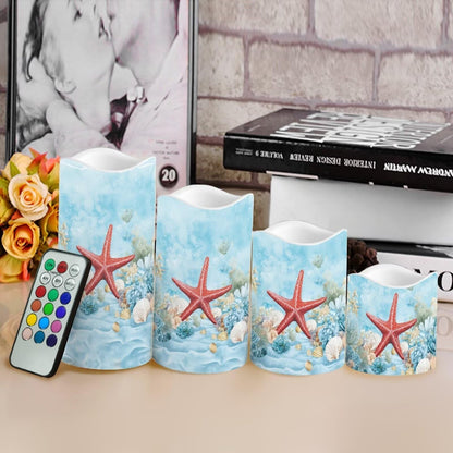 Cozeyat Starfish Sea Flameless Candles Set of 4 Battery Powered LED Pillar Candles with Remote Timer Flickering for Indoor Outdoor Table Beach Decor