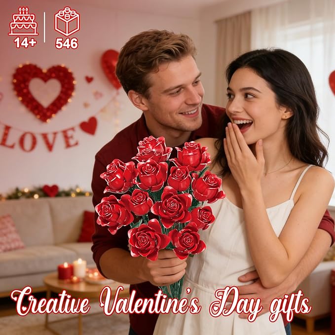 Gohero Red Roses Building Blocks Set (546PCS) - Lego Compatible Flowers for Adults Gothic Home Decor for Women &amp Teen Girls Making It an Ideal Gift for &amp Valentine's Day