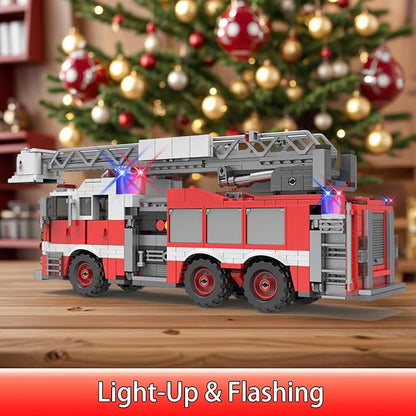 Light-Up Ladder Fire Truck Building Set – 720PCS STEM Toys for Kids &amp Adults City Firetruck Building Bricks with Flashing Lights Ideas Creative Gift for Birthday Christmas Compatible Building Br