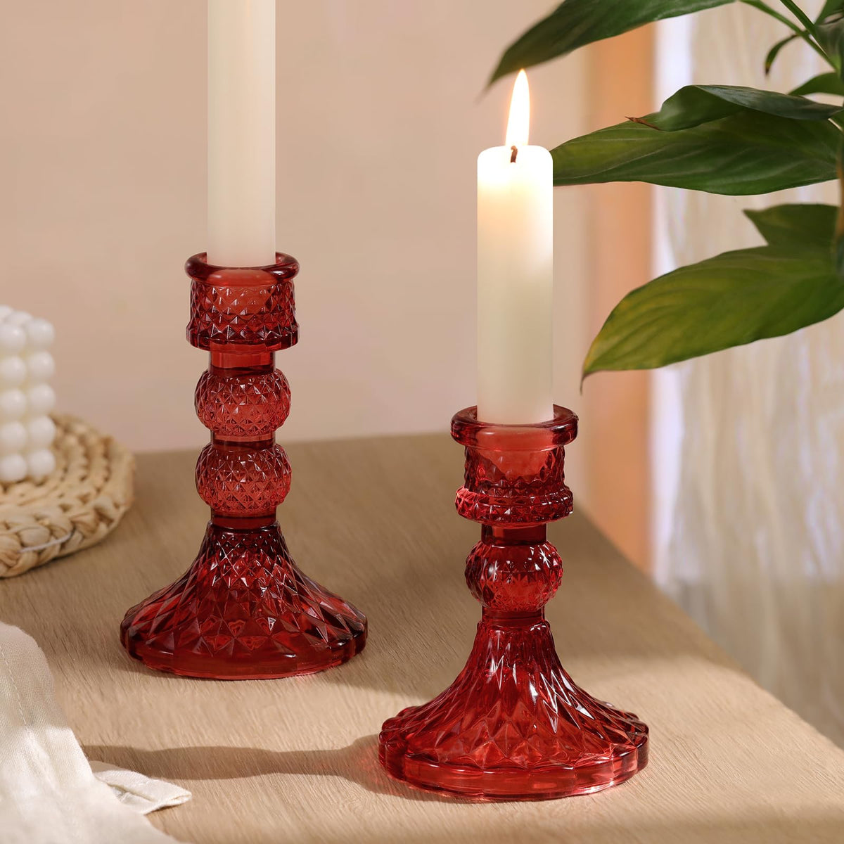 DARJEN Red Glass Candlestick Holders Set of 6, 4" H & 5" H Taper Candle Holders for Candlesticks & Pillar Candles, Diamond Candle Holders for Wedding Party Table Centerpiece, Home Decor