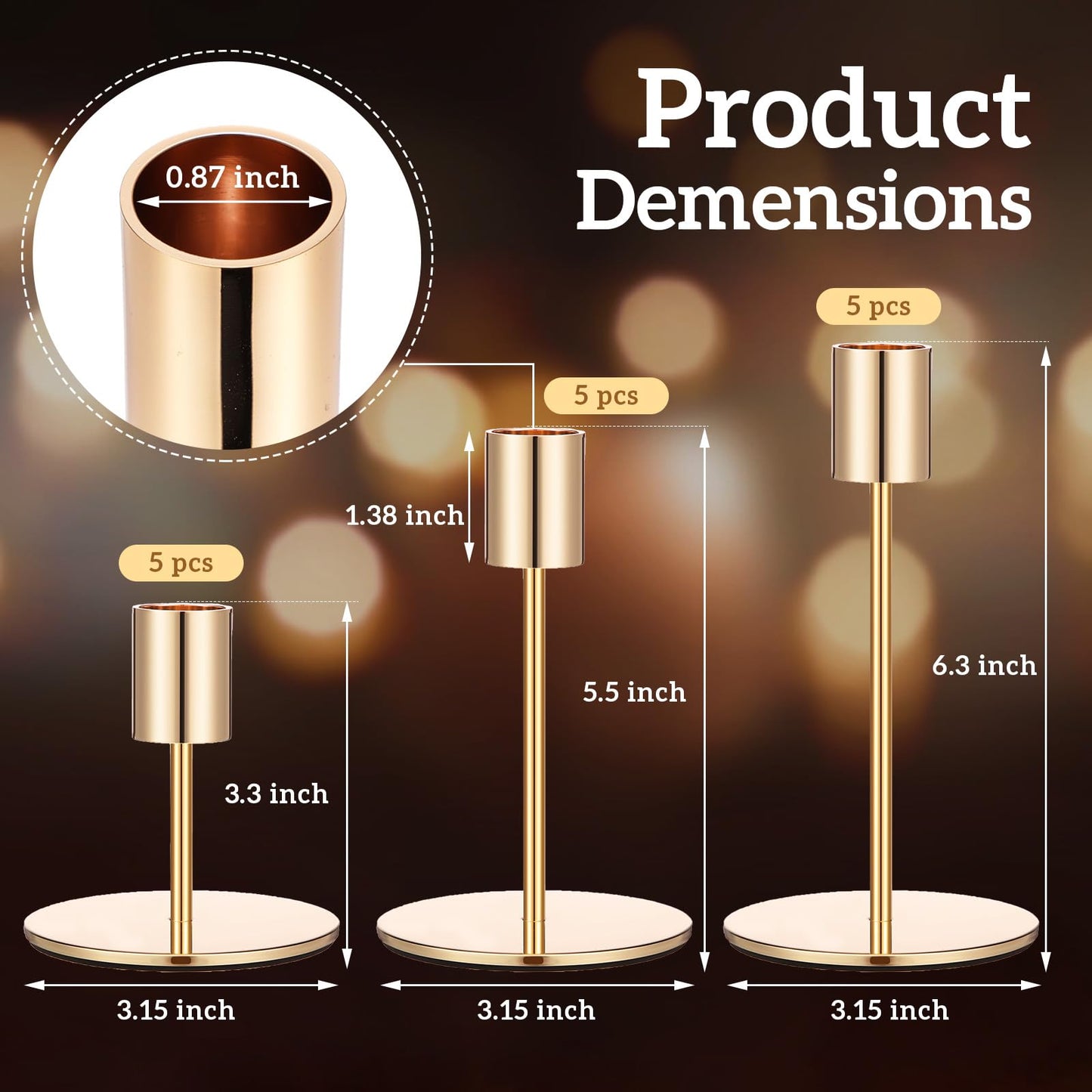 Sieral Candle Holders Bulk Taper Candlesticks Holders Set Modern Decorative Metal Candelabras for Wedding Anniversary Home Dinning Table Centerpiece Xmas Party Decor(Gold,15 Pcs)