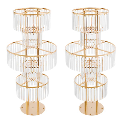 2 PCS Crystal Vases for Centerpieces, 43.3 in Tall Metal Pedestal Stands with Hanging Crystals for Table Chandelier Centerpiece, 5 Tiers Flower Stand for Wedding Reception Party (Gold, Round Base)
