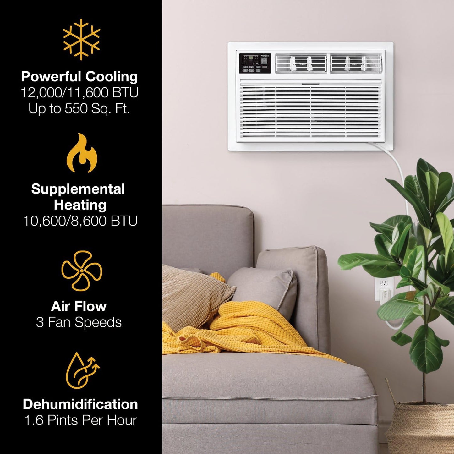 Whirlpool 12,000 BTU 230V Through-the-Wall Air Conditioner with Supplemental Heat, Dehumidifier and Remote, Wall AC Unit for Apartment, Living Room and Medium Rooms up to 550 Square Feet in White