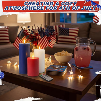 Retisee 3 Pcs 250th Anniversary Large Flameless LED Candles with Remot & Timer, 4th of July Red White Blue Battery Operated Wax Pillar Candles for USA American Patriotic Party Decorations