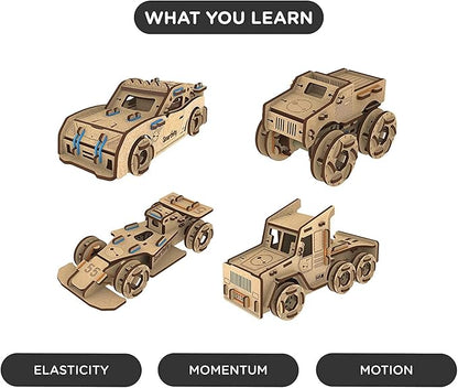 Smartivity Torque Busters 3D Wooden Car Engineering STEM Toy Building Set for Kids Ages 6 and Up Includes Rubber Bands Engineered Wood Components Instruction Manual Learner's Log