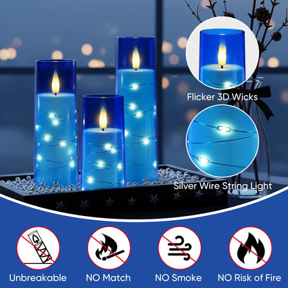 Raycare Independence Day Flameless Candle with Remote Timer – 9 Flickering Acrylic Battery Operated LED Pillar Candles with Embedded Star String for 4th of July Home Patriotic Decor, as a Gift (Blue)