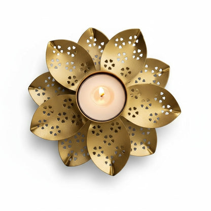 Decorative Metal Tea Light Candle Holder, Gold, Flower Design with Heart Pattern Cutouts, 3 Inch