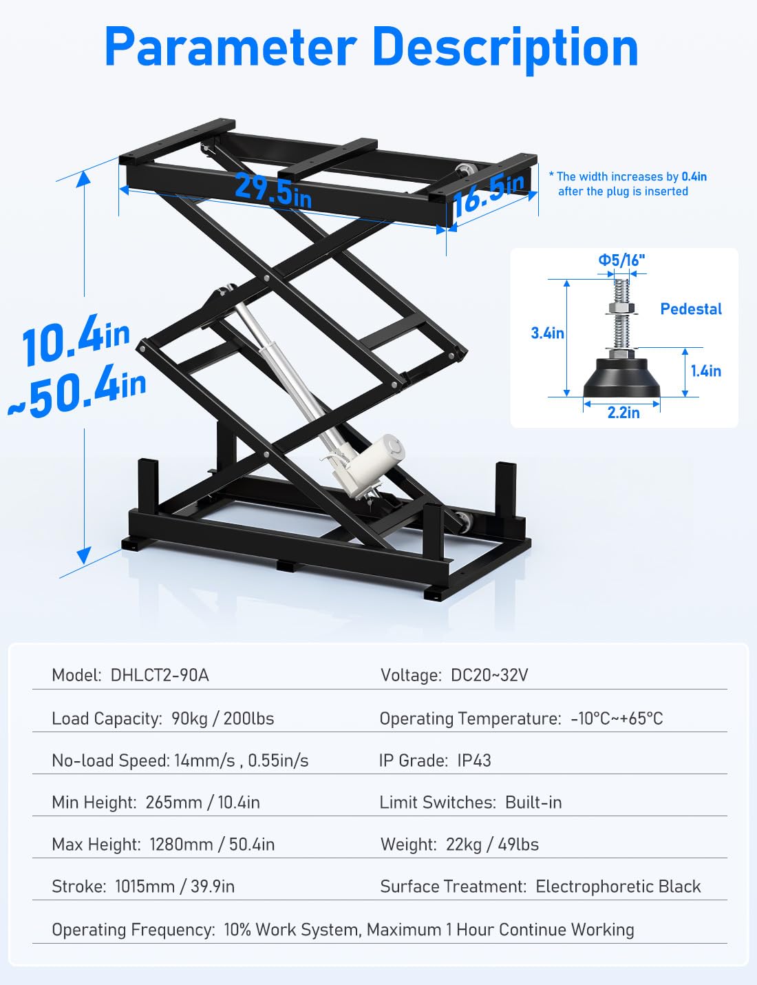 DIHOOL Electric Scissor Lift Table, 200Lbs, 10.43"-50.39" Height Adjustable Lifting Platform, Super Quiet with Remote & WiFi Control, Obstruction Detection, AC/DC Power for Home/Industrial Use