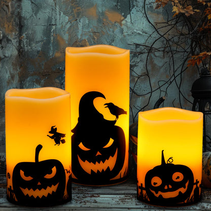 GenSwin Halloween Pumpin Flameless Candles, LED Battery Operated Pillar Pumpkin Candles with 6H Timer, 3 Pack LED Flickering Candles for Fall Spooky Halloween Decoration(D3 xH4 5" 6")