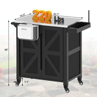 evixor Outdoor Grill Cart with Stainless Steel Tabletop, Outdoor Kitchen Island with Storage Cabinet, Grill Cart with Folding Trash Can, 4 Wheels (2 Lockable) for Patio, Backyard, Garden and Poolside