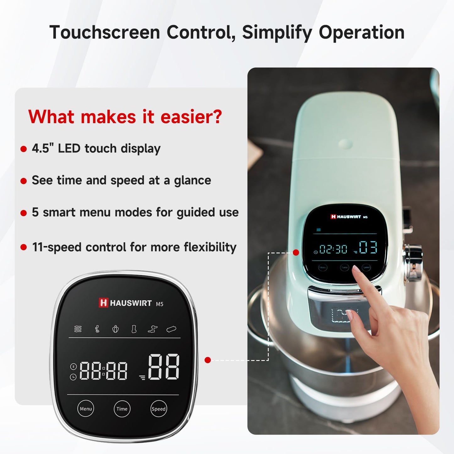 Hauswirt Stand Mixer Silent with LED Touch Screen, 5.3QT XL Large Mixers Kitchen Electric Stand Mixer for Household, 500W DC Motor 11-Speed for Bread Pasta Meat – Black