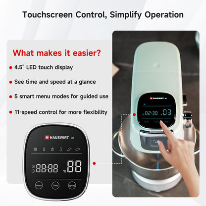 Hauswirt Stand Mixer Silent with LED Touch Screen, 5.3QT XL Large Mixers Kitchen Electric Stand Mixer for Household, 500W DC Motor 11-Speed for Bread Pasta Meat – Black