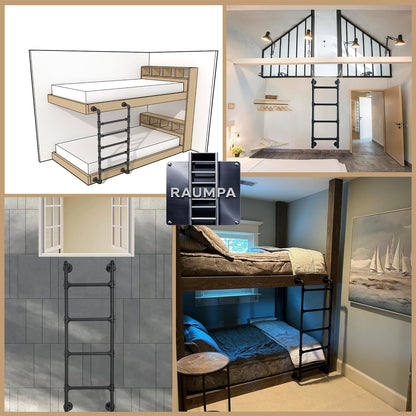 Wall Mounted Ladder 7 ft for Attic Loft Bunk Bed Window Iron Metal Pipe Frame Outdoor Climbing Escape Industrial Heavy-Duty Wrought Wallmounted