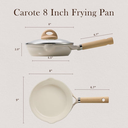 CAROTE 8" Ceramic Frying Pan with Lid, Non Stick Frying Pan Skillet Chef's Pan, Healthy & PFOA/PFAS Free, Induction-Compatible, Taupe