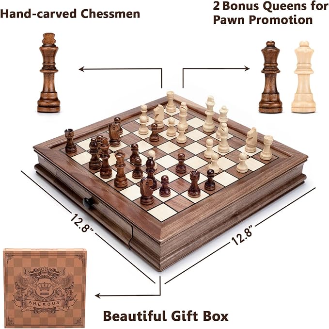 AMEROUS Magnetic Wooden Chess Set 12.8 x 12.8 Walnut Chess Board Game with 2 Built-in Storage Drawers - 2 Bonus Extra Queens - Chess for Beginner Kids and Adults Gift Packaging