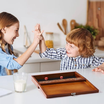 Shut The Box Dice Game with 12 Numbers and Lid Wooden Classic Board Game with 4 Dice Gift Package &amp Game Rules Close The Box Game for Kids Adults Family Classroom Home &amp Pub