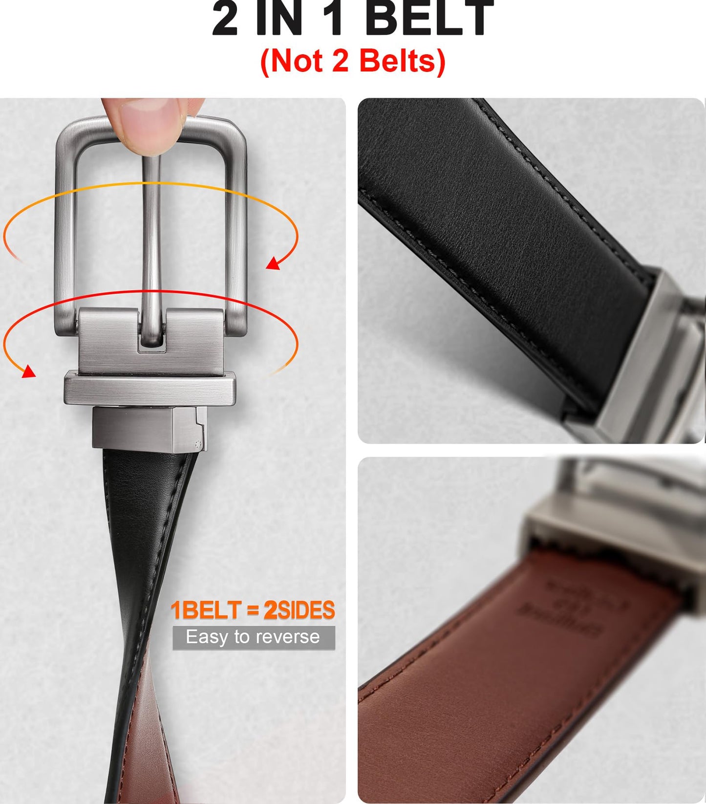 BULLIANT Men's Belt,Reversible Belt Adjustable For Gift Men 1.25”-Cut For Fit-2 Sides in 1 Belt(Not 2)(Black/Light Brown,24"-26" Waist Adjustable)