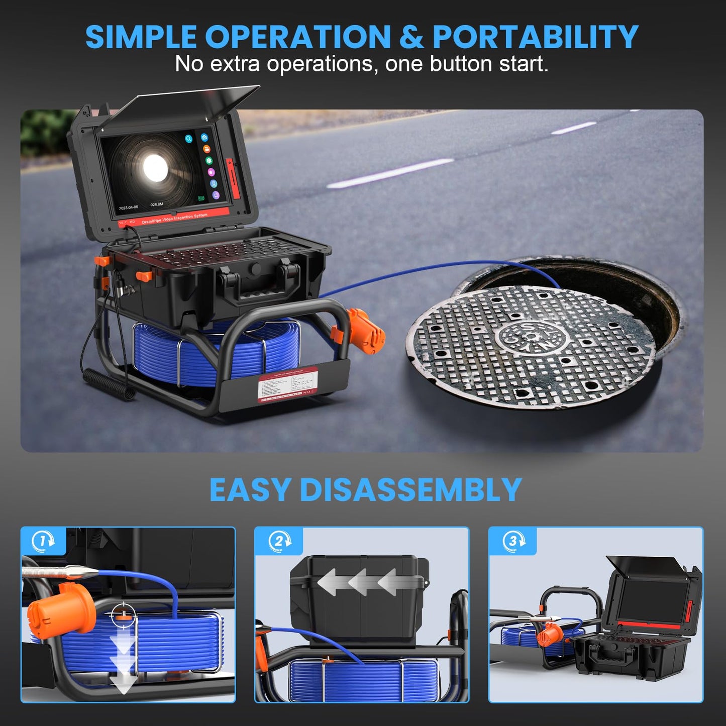 Sewer Camera, 10.1" 1080P Touchscreen Sewer Pipe Inspection Camera with 512Hz Transmitter, Self-Leveling, Distance Counter for Drain Plumbing Pipe, IP68 Waterproof DVR Recorder/Audio-16 GB, 165FT
