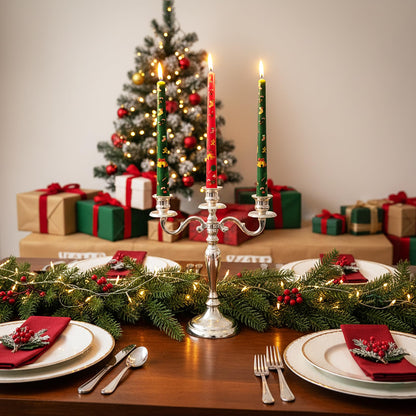 W&LESVAGO 10 Inch Christmas Print Taper Candles Set of 4, Hand-Printed Trees/Bell Patterns, Unscented Long Candlesticks for Dinner Tables & Festive Decorations