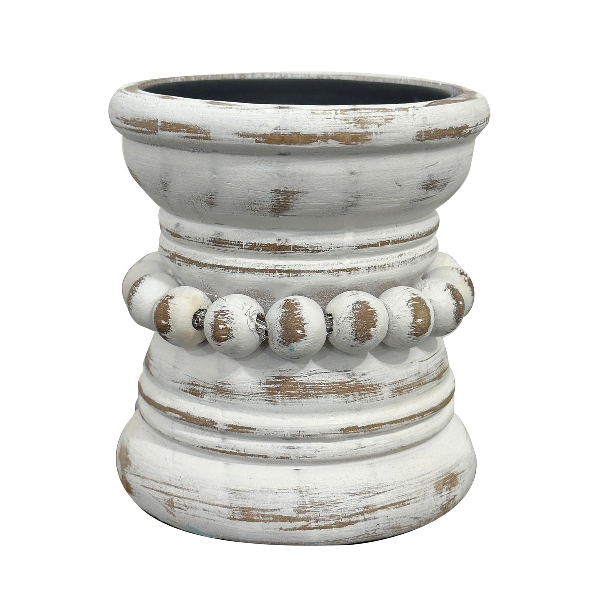 dwellington Farmhouse Rustic Wood Pillar Candle Holder, Decorative Beaded Candlestick Holder Stand for Home Décor, Gifts, Wedding (White Wash)