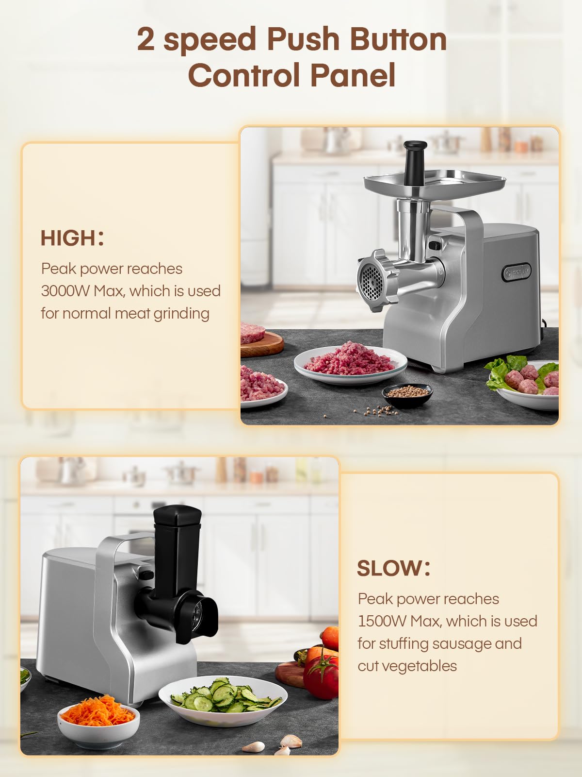 FOHERE Meat Grinder 3000W Max, Heavy Duty 5-in-1 Electric Meat Mincer with Sausage Stuffer & Kubbe Kit, 3 Stainless Steel Grinding Plates for Home Kitchen & Deer Processing (Silver)
