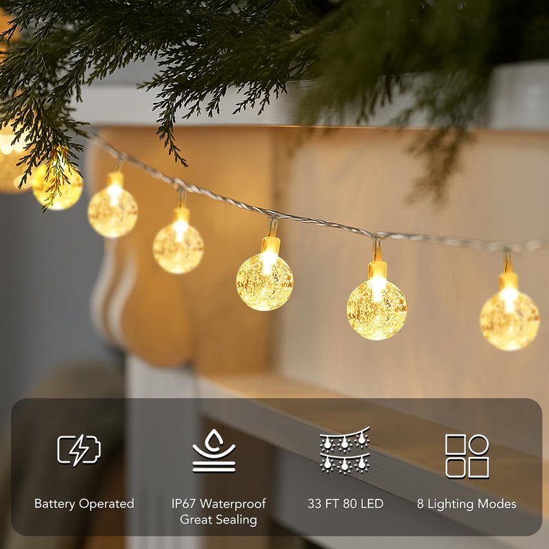 Metaku Globe Fairy Lights Battery Operated 33ft 80LED String Lights with Remote Waterproof Indoor Outdoor Hanging Decorative Christmas Lights for Home Party Patio Garden Wedding