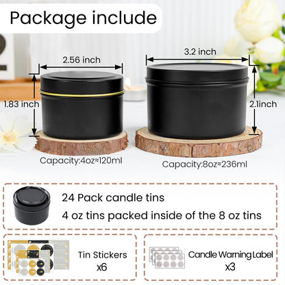 CONNOO 24 Pack Candle Tins - 12pcs 8oz + 12pcs 4oz Matte Black Candle Jars with Lids for Making Candles, Bulk Empty Candle Containers with Sticky Warning Labels for Candle Making, Storage, and Gift