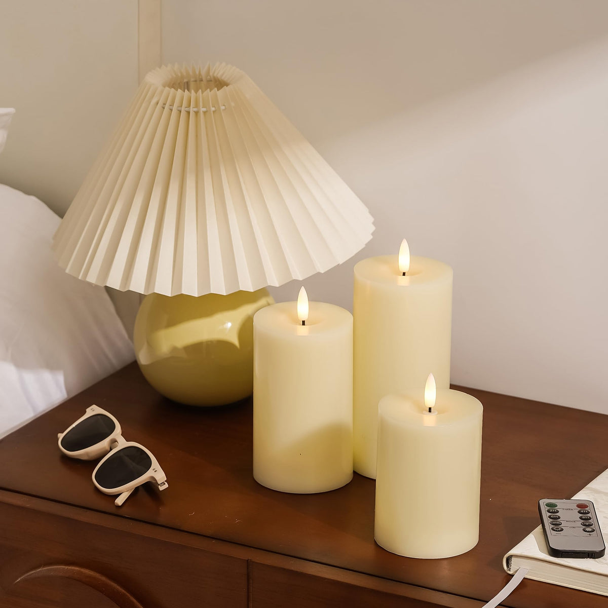Stmarry Ivory Flameless Candles with Remote and Timer, Real Wax Made LED Pillar Candles Battery Operated with 3D Flickering Flame - 3" x 4",5",6" - Set of 3