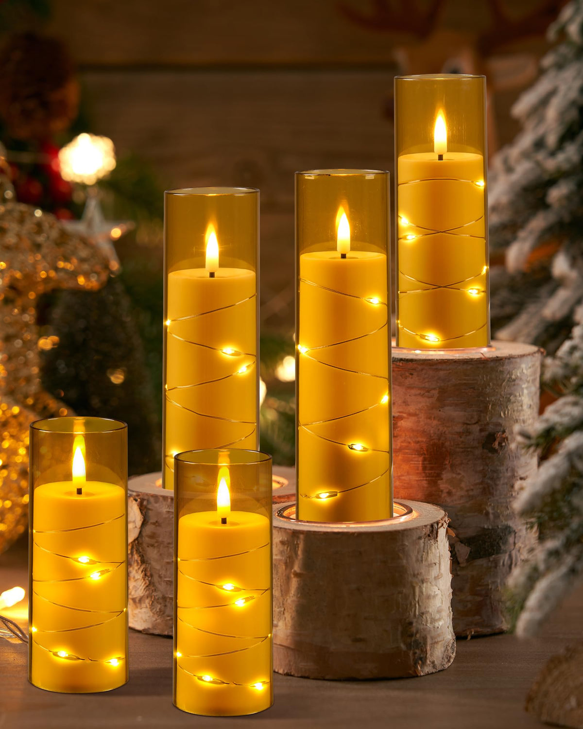 5 Pack Champagne Transparent Acrylic Flameless Taper Candles, Flickering Black Wick LED Candles with Surrounding Fairy String Lights, Heat Resistant ABS Candles with Remote for Indoor Outdoor Decor
