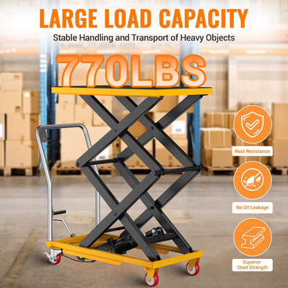 Garvee Hydraulic Lift Table Cart, 770lbs Capacity 50" Lifting Height, Manual Double Scissor Lift Table with 4 Wheels and Non-Slip Pad, Hydraulic Scissor Cart for Material Handling, Yellow