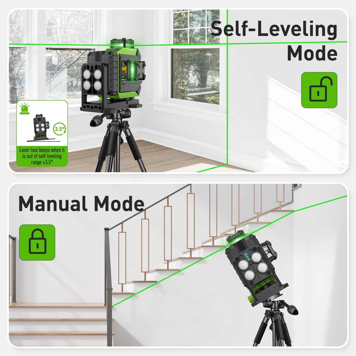 Huepar 360 Laser Level Self-Leveling Cross Line Laser Level 3D Green Beam 197Ft. Laser Tool 67.72" Lightweight Extendable Tripod, Li-ion Battery, Magnetic Base, Hard Carry Case-703CG&T16A