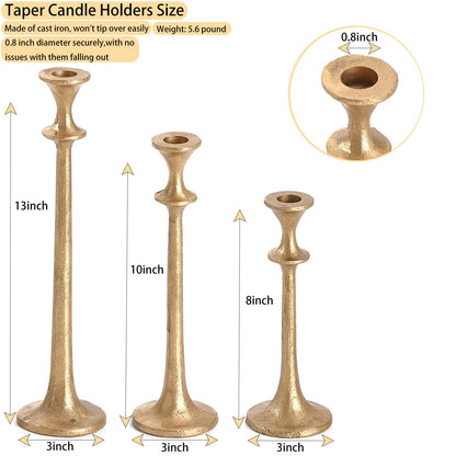 Wenbery Gold Taper Candle Holders Set of 3, Heavy Candlestick Holders Decorative Candle Stand for Table Centerpiece, Cast Iron Candle Stick Holder Decor