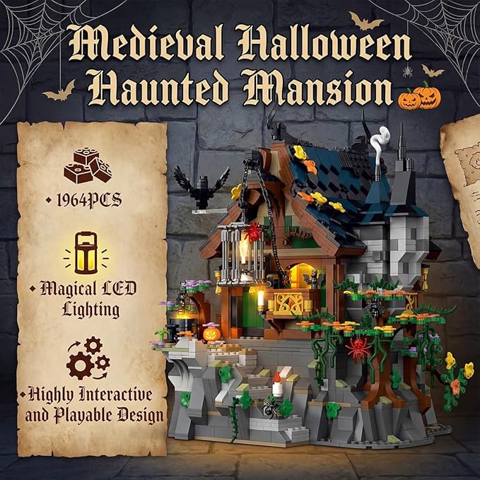 Medieval Modular Halloween Haunted Mansion Building Set for Adults - Castle Architecture with Cave Detachable Roof &amp Detailed Interior