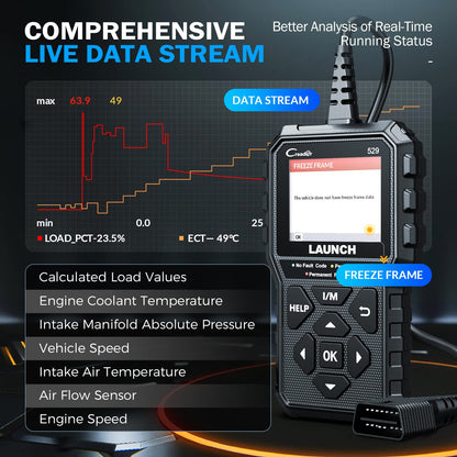 LAUNCH CR529 OBD2 Scanner Diagnostic Tool, Full OBD2 Scanner for Car, Free Lifetime Upd. Check-Egine-Light Code Reader, 5 Years. Backup, Clear Codes, One Click I/M, for DIYers with Cars After 1996