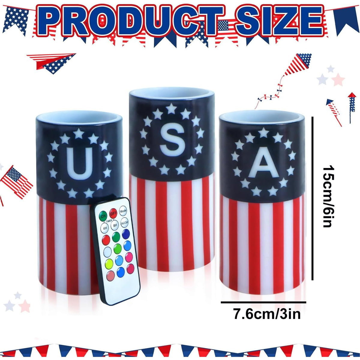 ONEIHOMM 4th of July Candles Battery Operated with Timer Remote Control, Patriotic Candles for American Independence Day Decorations,250th Anniversary American Flag LED Candles,6inch,3 Pcs