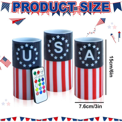 ONEIHOMM 4th of July Candles Battery Operated with Timer Remote Control, Patriotic Candles for American Independence Day Decorations,250th Anniversary American Flag LED Candles,6inch,3 Pcs
