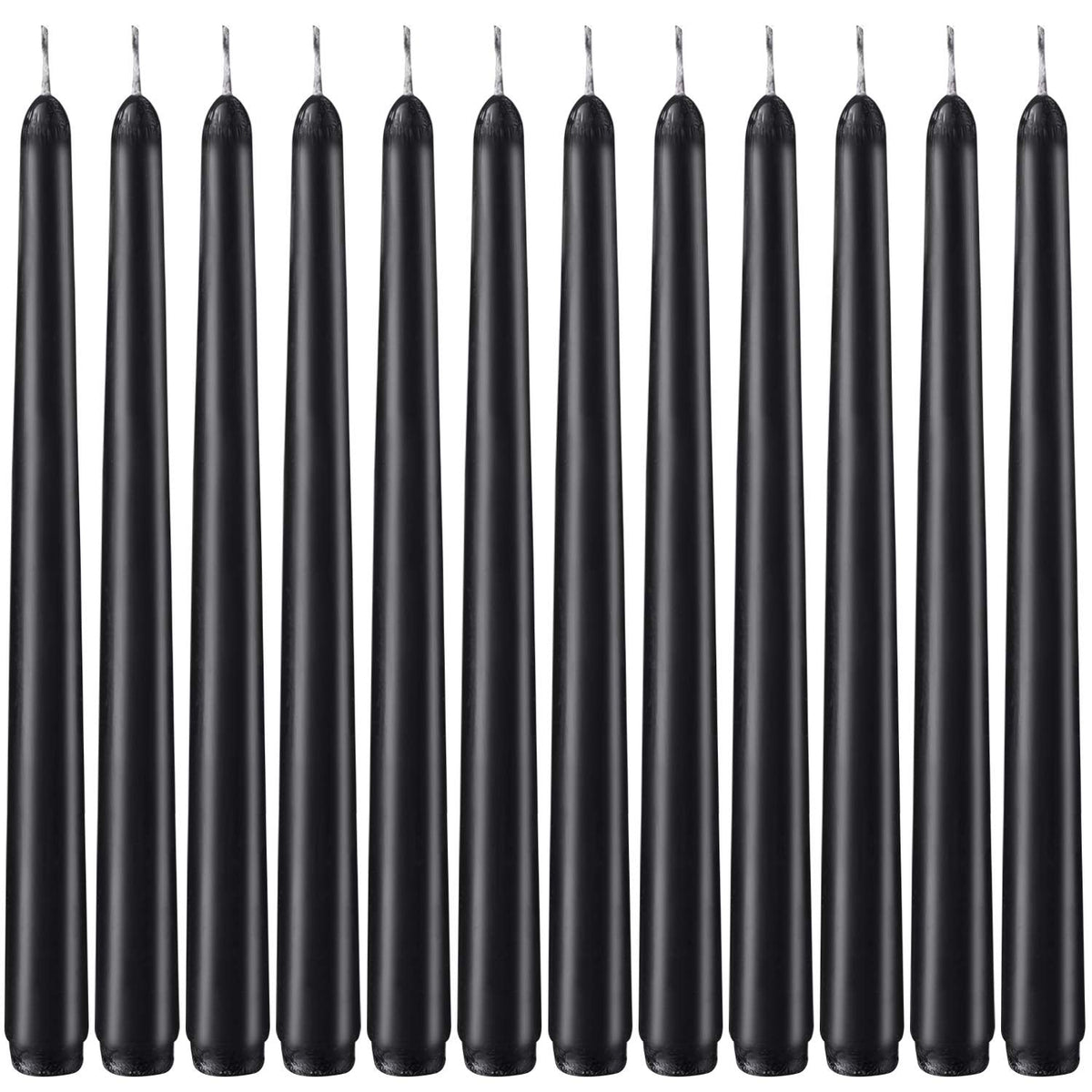 Set of 12 Black Taper Candles, 10 Inch Unscented Dripless Candlesticks - 8 Hours Long Burning for Home Decor, Halloween, Wedding, Parties and Special Occasions