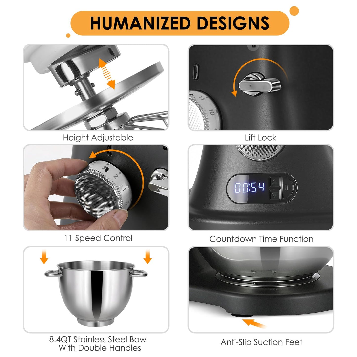 8.4QT Commercial Stand Mixer 800W with Aluminum Die Casting Meets the Standard of NSF/ANSI 8-2023, Mixers Kitchen Electric Stand Mixer with Stainless Steel 8L Bowl, Dough Hook, Whisk and Beater, Black