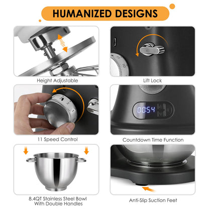 8.4QT Commercial Stand Mixer 800W with Aluminum Die Casting Meets the Standard of NSF/ANSI 8-2023, Mixers Kitchen Electric Stand Mixer with Stainless Steel 8L Bowl, Dough Hook, Whisk and Beater, Black