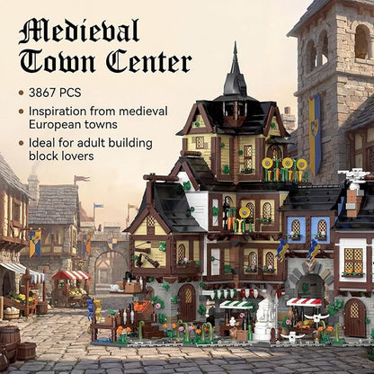 Medieval Town Center Building Set for Adult Architecture Viking Village Town Center Building Block House Collection Toy Creative Present for Adults and Teen(3867PCS)