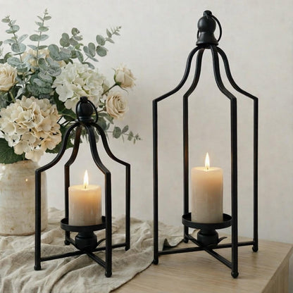 12.5" & 16.5" Timeless Cozy Decorative Lanterns Set of 2, Handcrafted Metal Iron Candle Holders, Farmhouse Elegance Fireplace Mantel Table Festive Gatherings Decor (Matte Black)