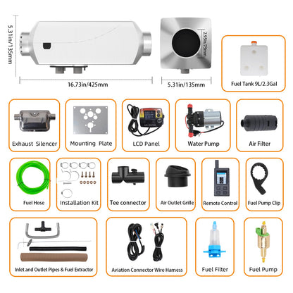 8KW Diesel Parking Heate 12V All-in-One Water - Air Heater with LCD & Dual Remote Control, Diesel Water Heater for 26 Gallon RV Water Tank Heating, Auto Temp Control, 9L Tank, for Car, Truck, RV