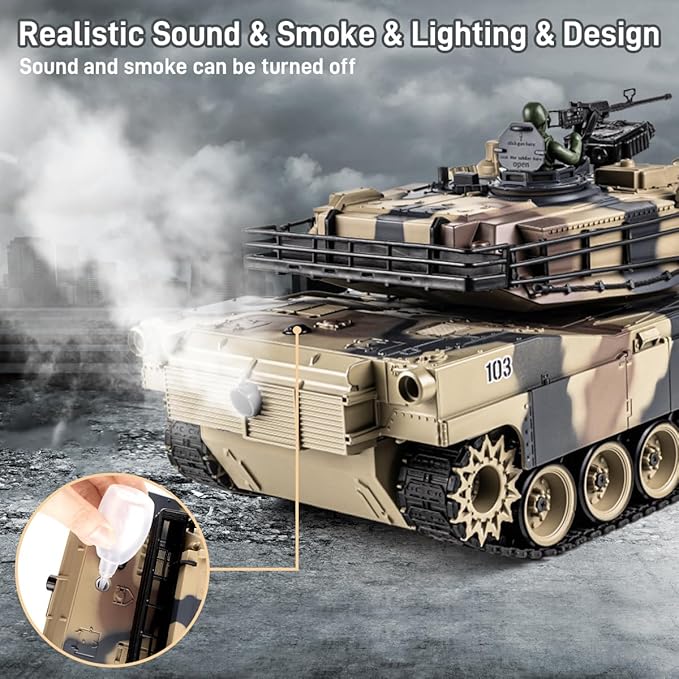 1:18 RC Tank that Shoot BBS 2.4G US M1A2 Remote Control Tank Model Truck Toys Army Toy with Smoke Lights Sound and Recoil Military RC Vehicle for Adults and Kids 6+ Years Old