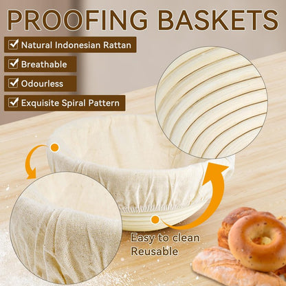 Sourdough Starter Kit - Banneton Proofing Basket 9 Inch Round & 10 Oval, Complete Sourdough Bread Baking Supplies with Starter Jar, Bread Sling, Lame, Danish Dough Whisk, Bags